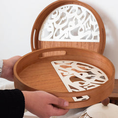 2 Piece Calligraphy Design Round Wooden Serving Trays Cream