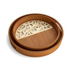 2 Piece Calligraphy Design Round Wooden Serving Trays Cream
