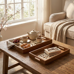 2 Piece Calligraphy Design Wooden Serving Trays Cream