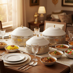 3 Piece Food Warmer Set Gold & White