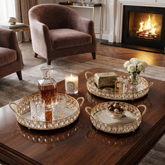 3 Piece Mirror Tray Set Gold