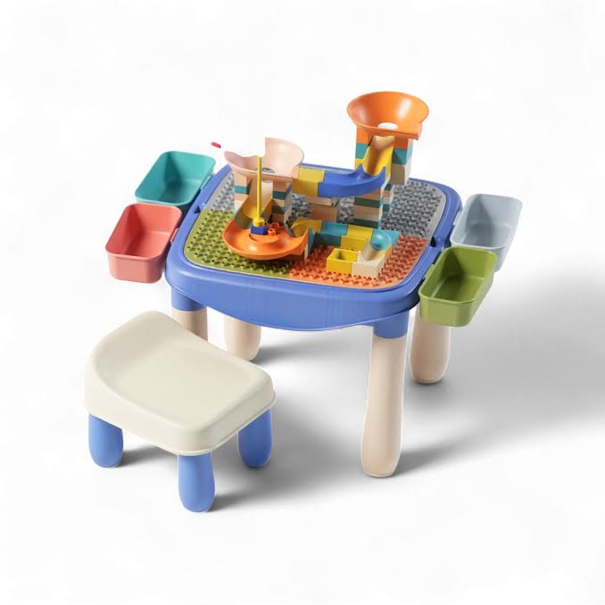 2 in 1 Plastic Study Desk & DIY Kids Blocks Toys Set Multicoloured