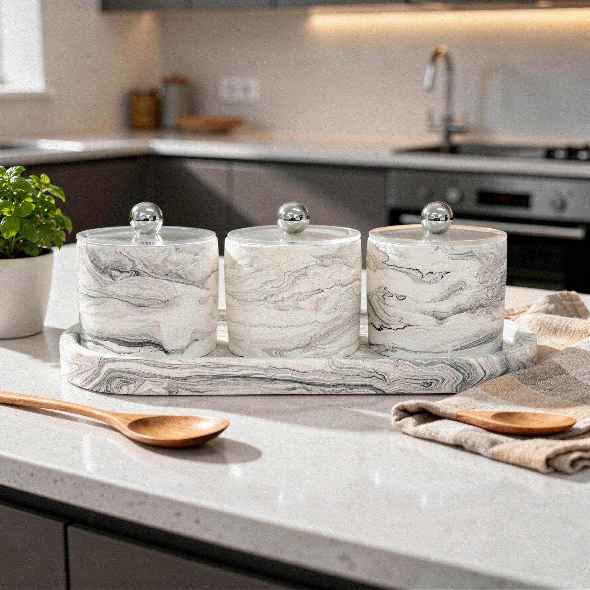 3 Piece Marble Design Canister Set Black & White