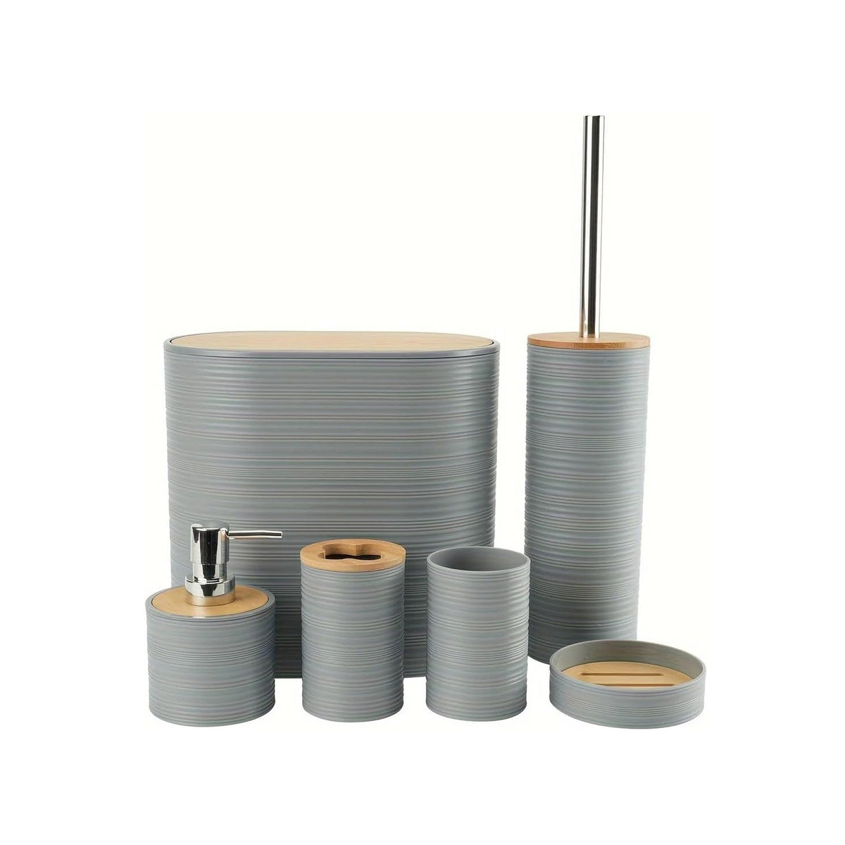 6 Piece Bathroom Accessory Set with Bamboo Lids Grey