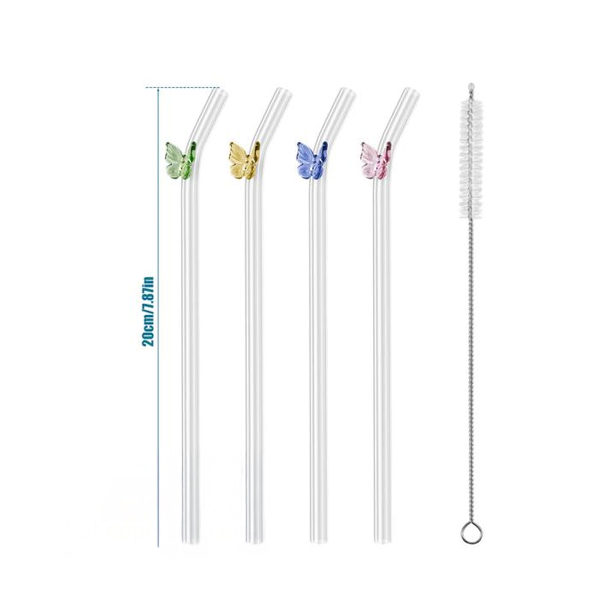 5 Piece Butterfly Glass Straw Set Clear