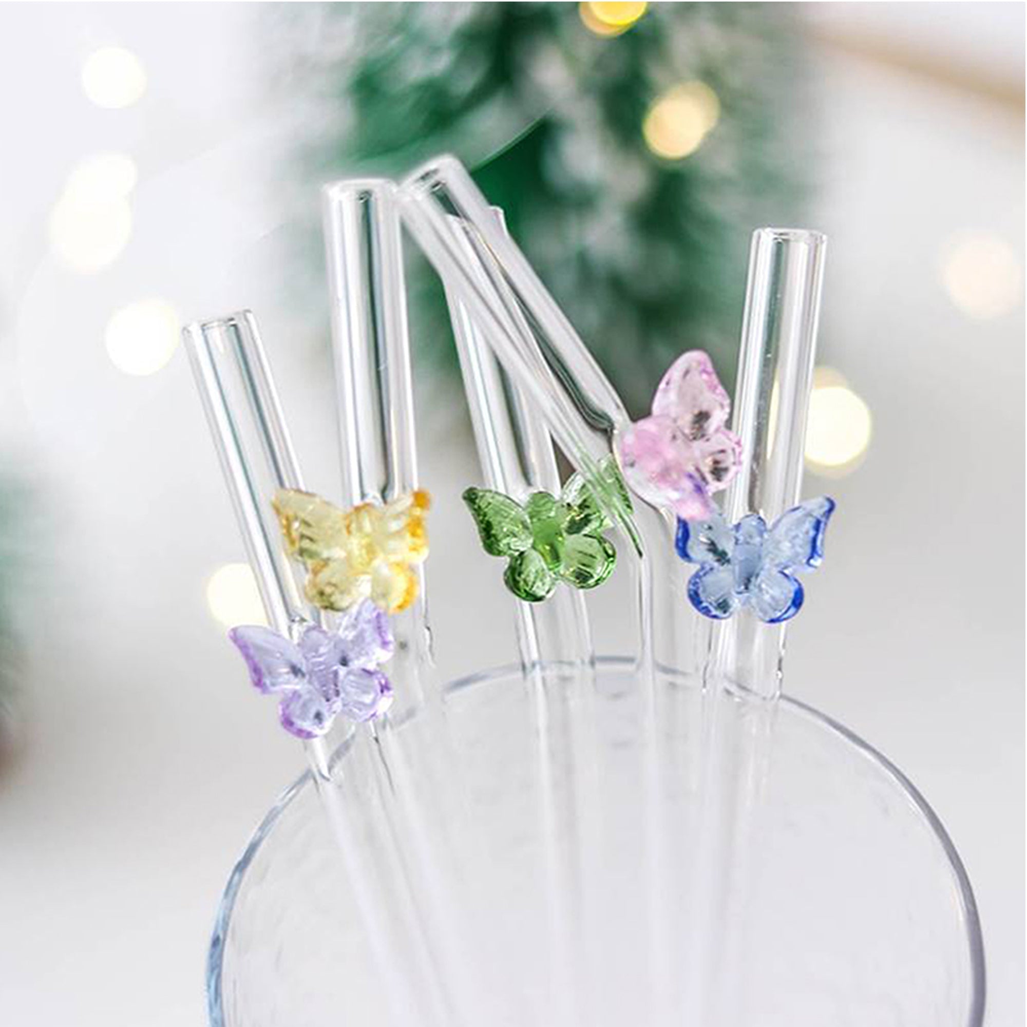 5 Piece Butterfly Glass Straw Set Clear