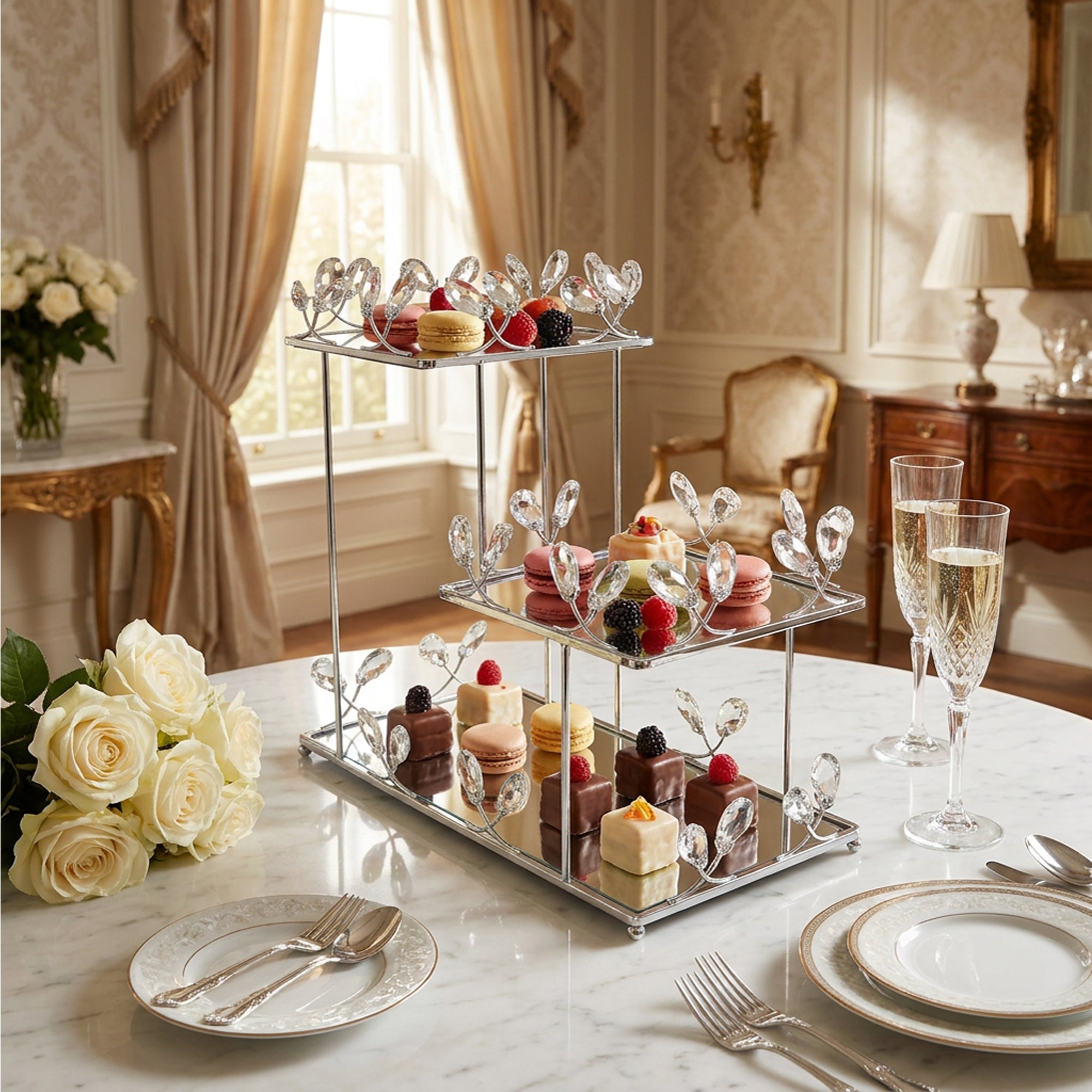 3 Tier Mirror Dessert Stand Silver