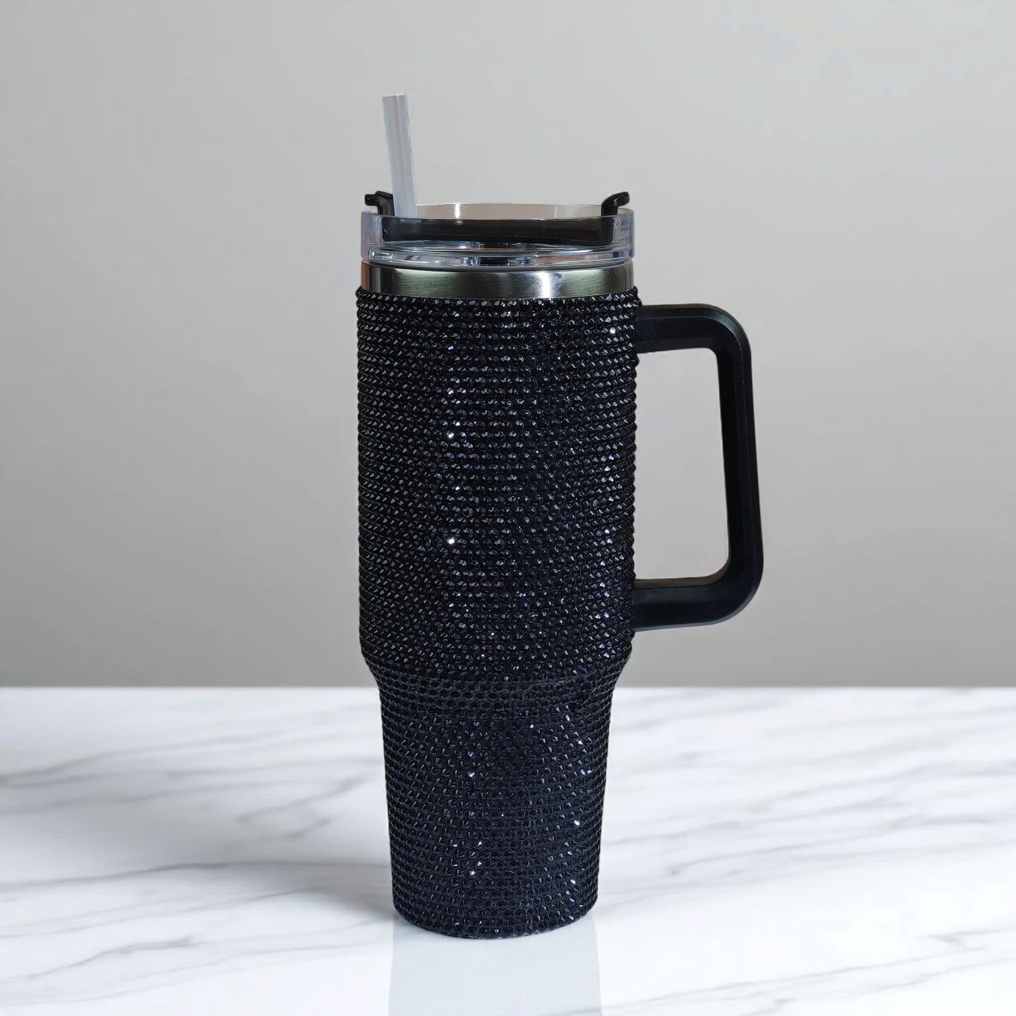 1.2Lt Glitter Studded Tumbler With Lid & Straw Black