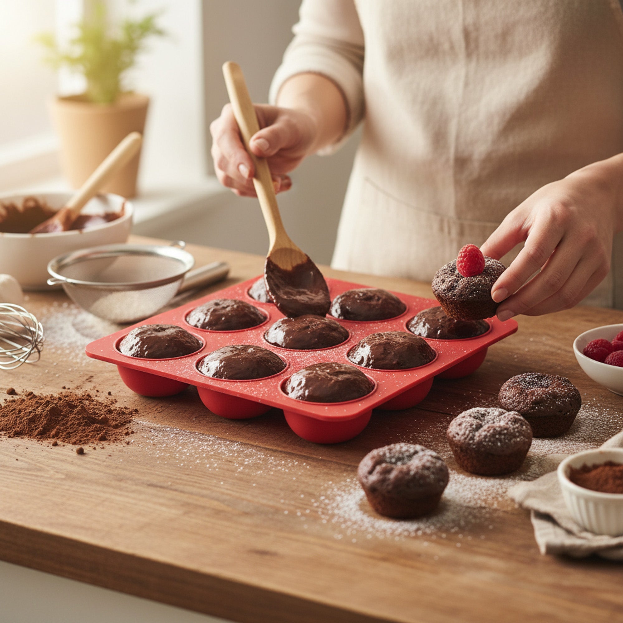 9 Hole Silicone Muffin Pan Red