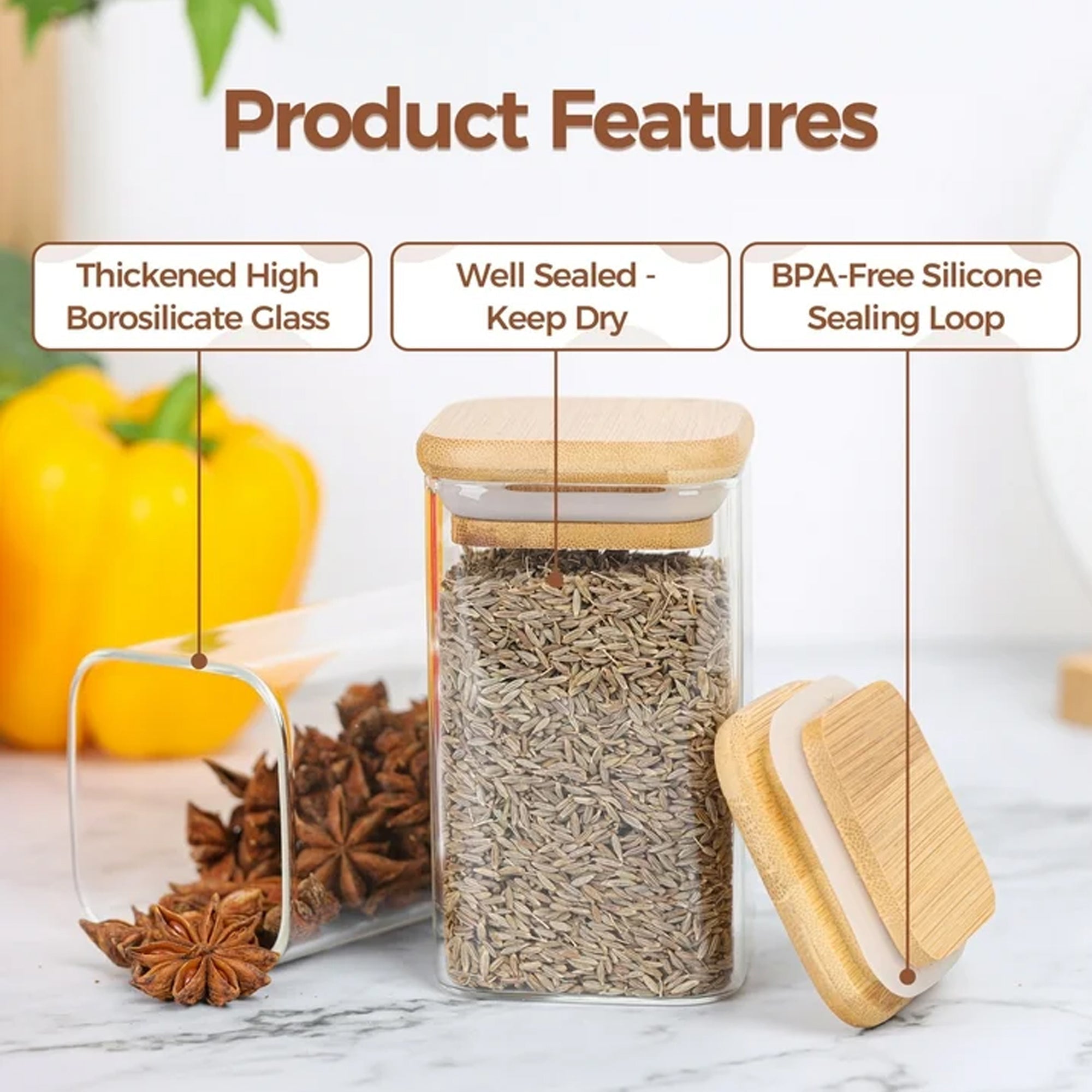 12 Piece Square Canister Set with Bamboo Lids Clear