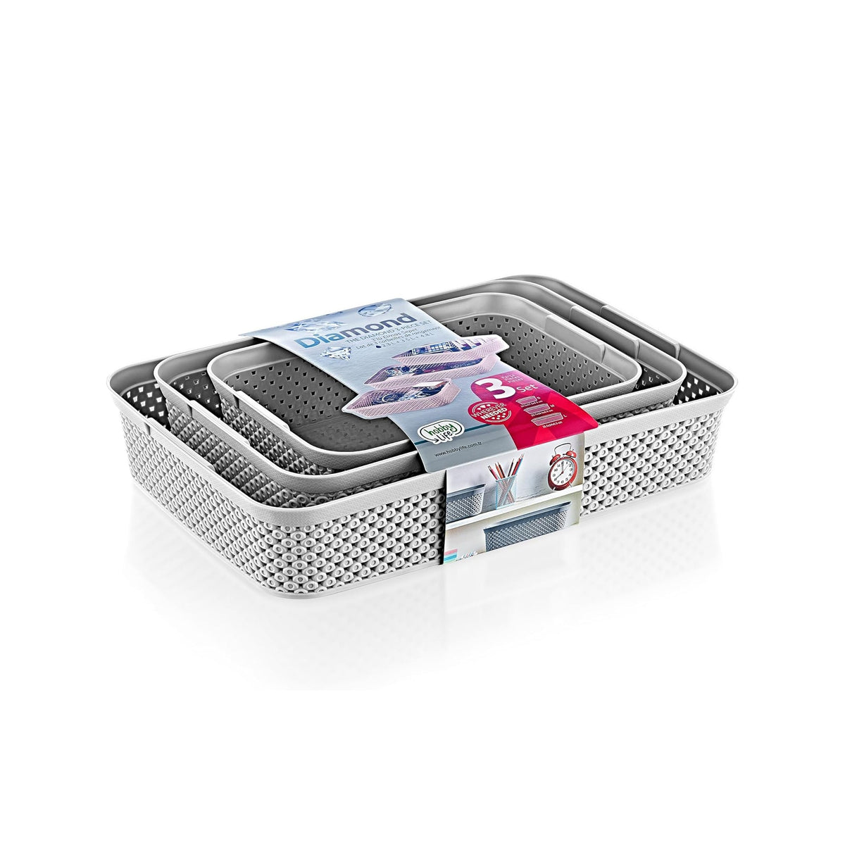 3 Piece Diamond Design Basket Set Grey