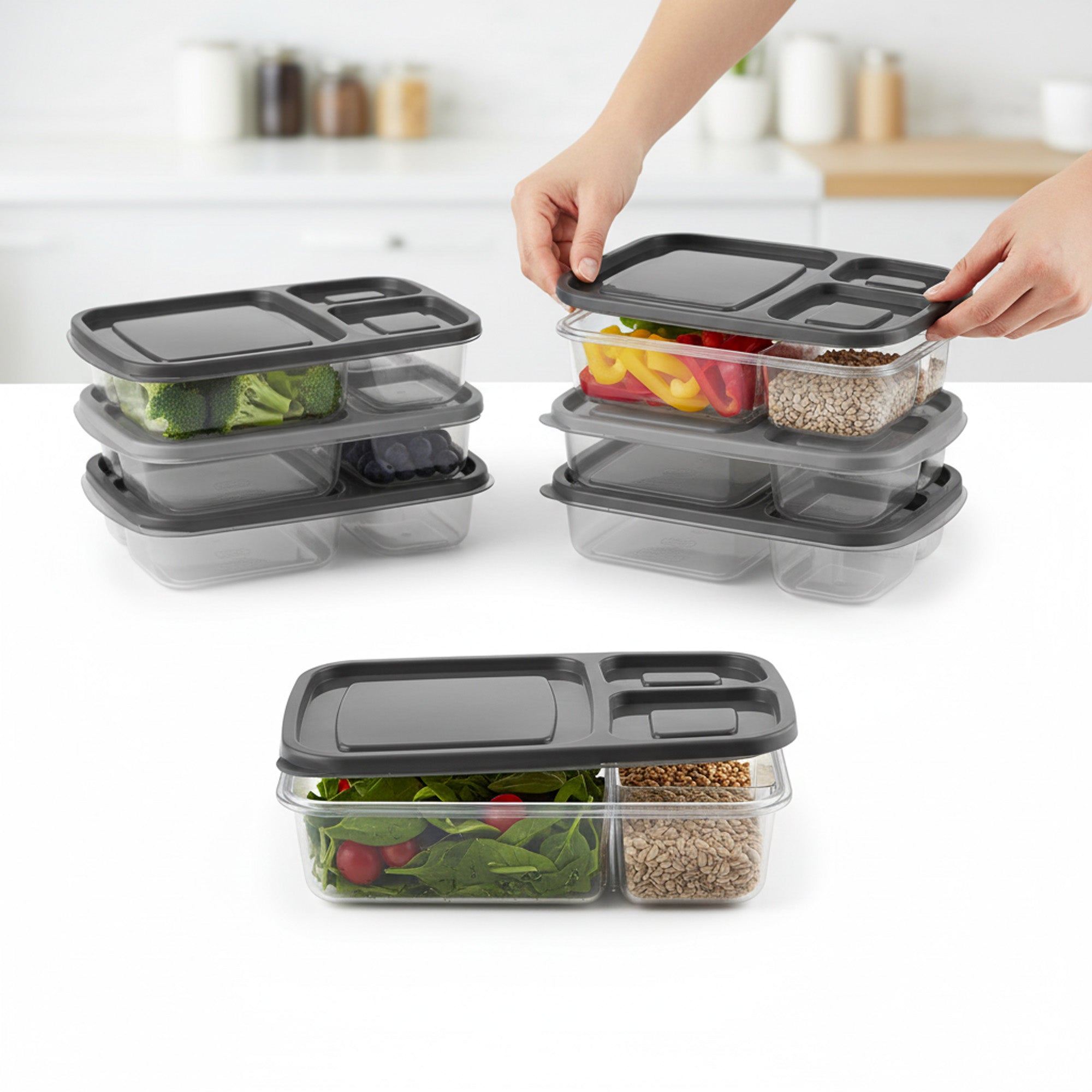 3 Piece 3-Compartment Storage Container Set Grey