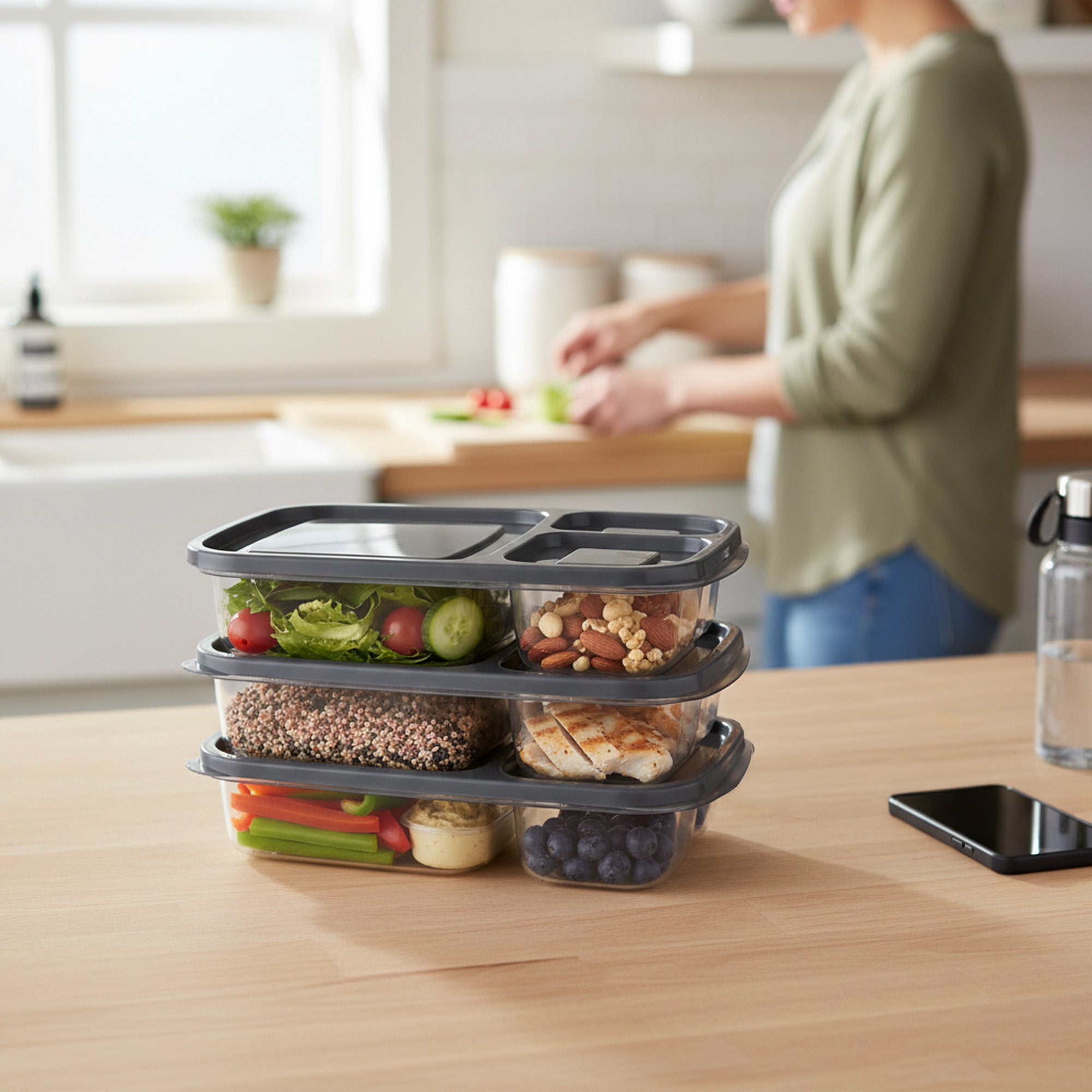 3 Piece 3-Compartment Storage Container Set Grey