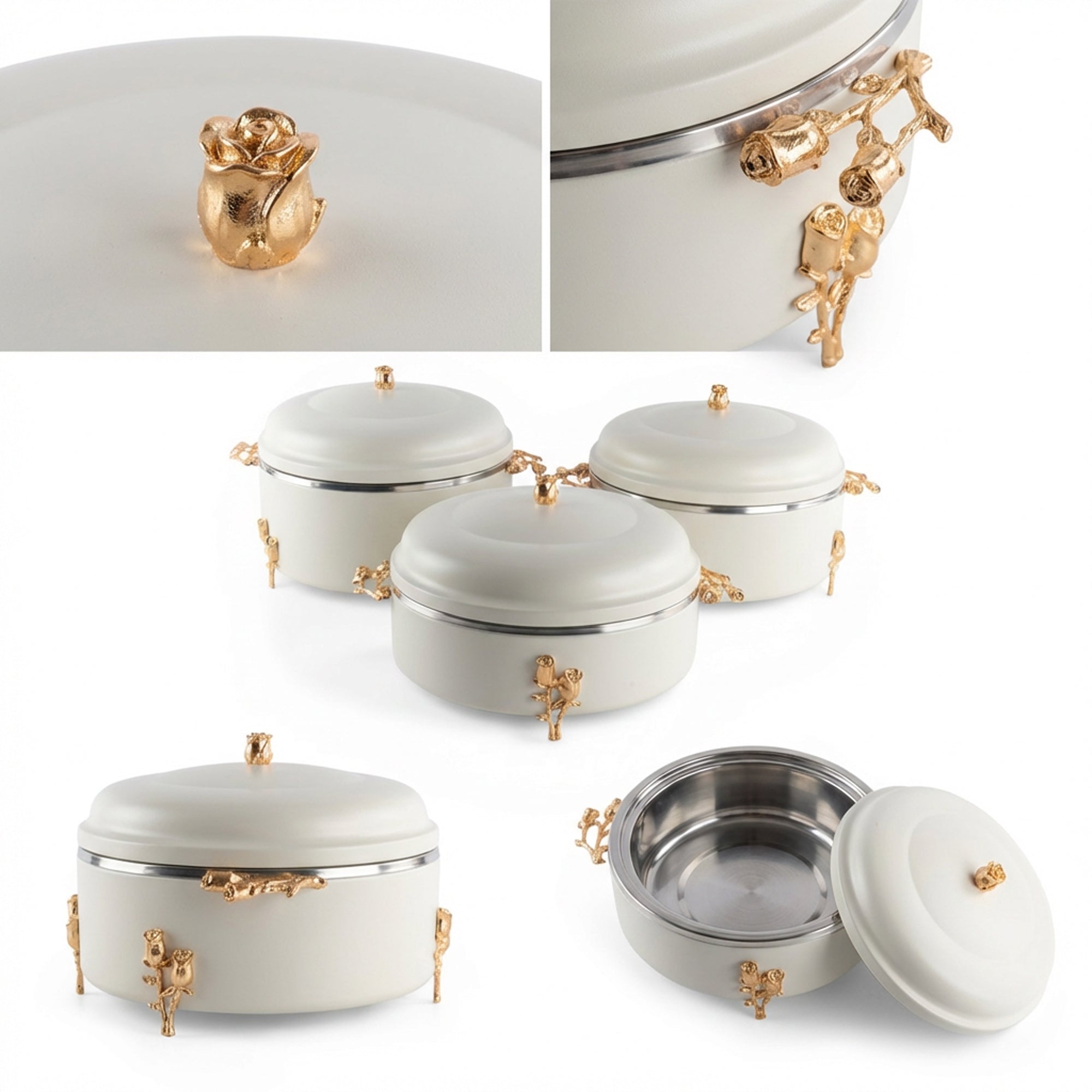 3 Piece Food Warmer Set Gold & White