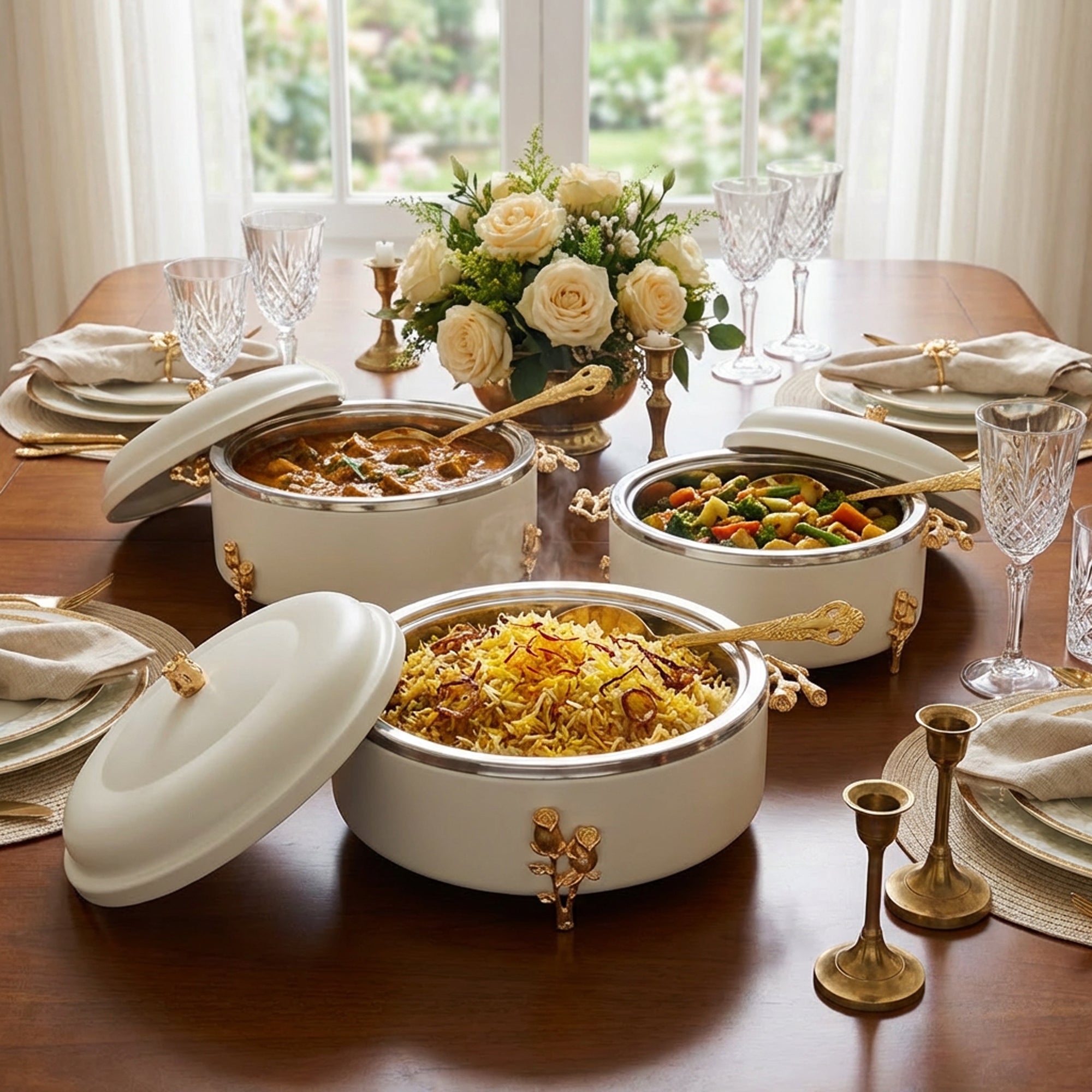 3 Piece Food Warmer Set Gold & White