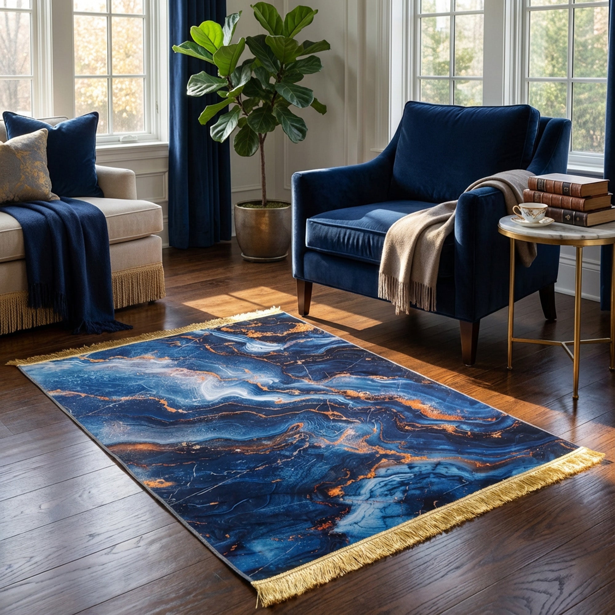1.5 x 2m 3D Marble Design Carpet Blue & Gold
