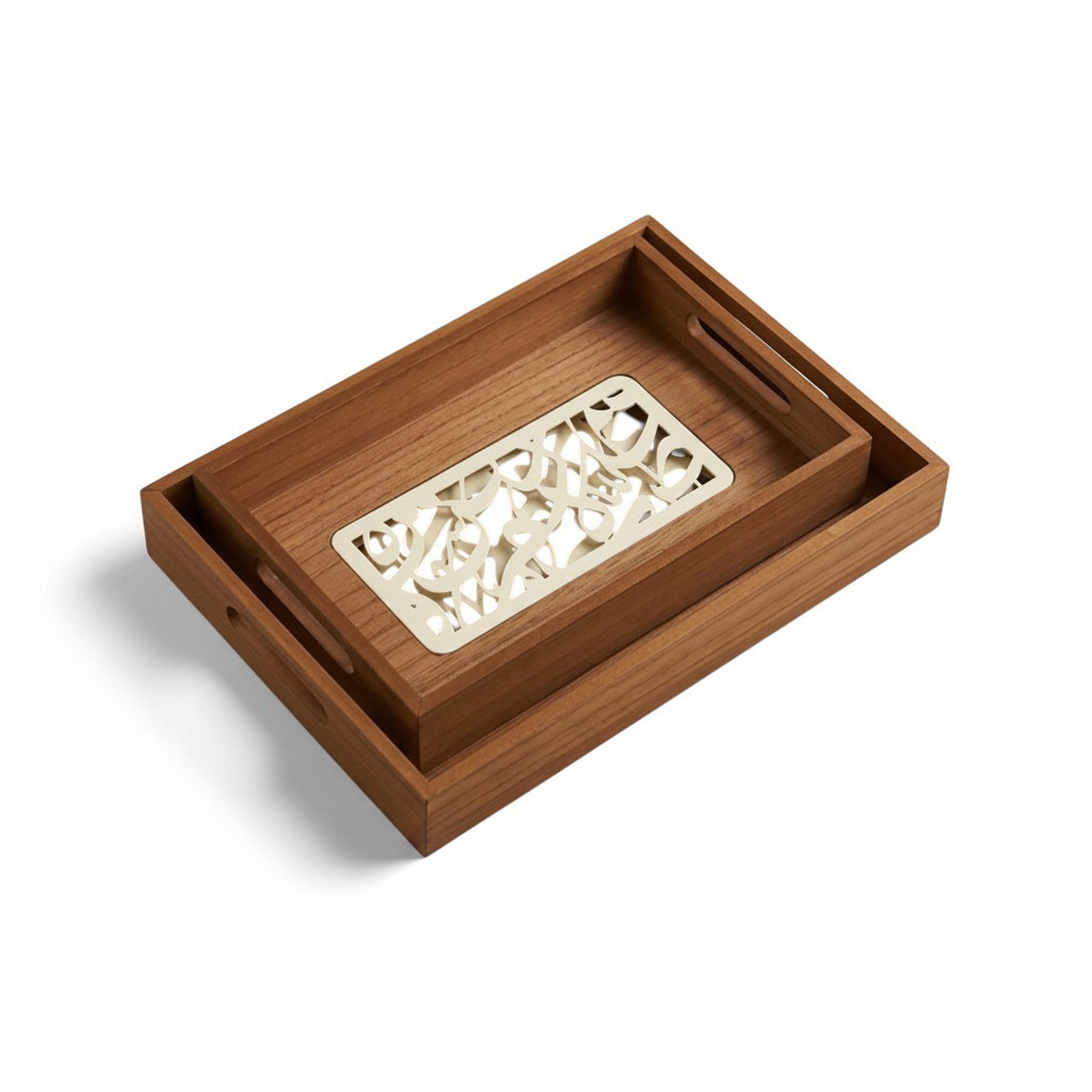 2 Piece Calligraphy Design Wooden Serving Trays Cream