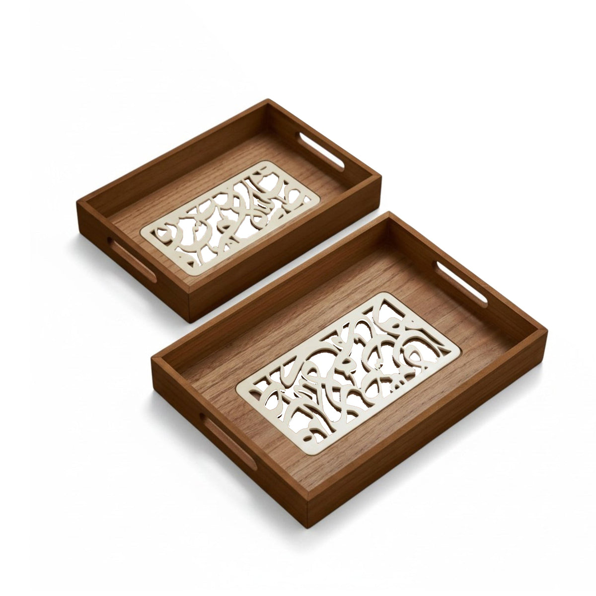 2 Piece Calligraphy Design Wooden Serving Trays Cream