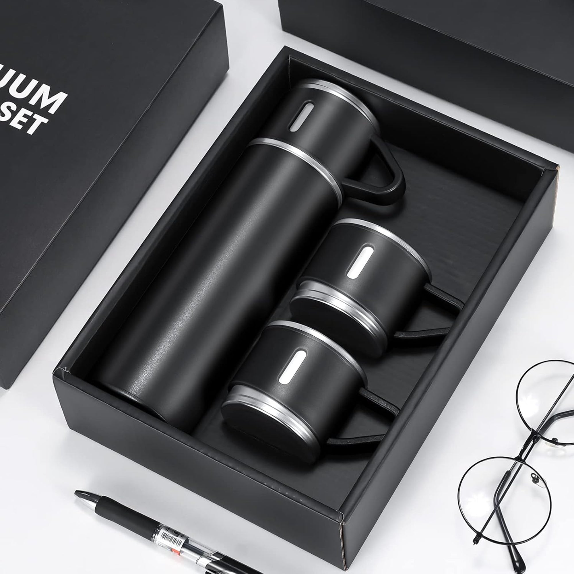 500ml Stainless Steel Flask with 3 Cups Black