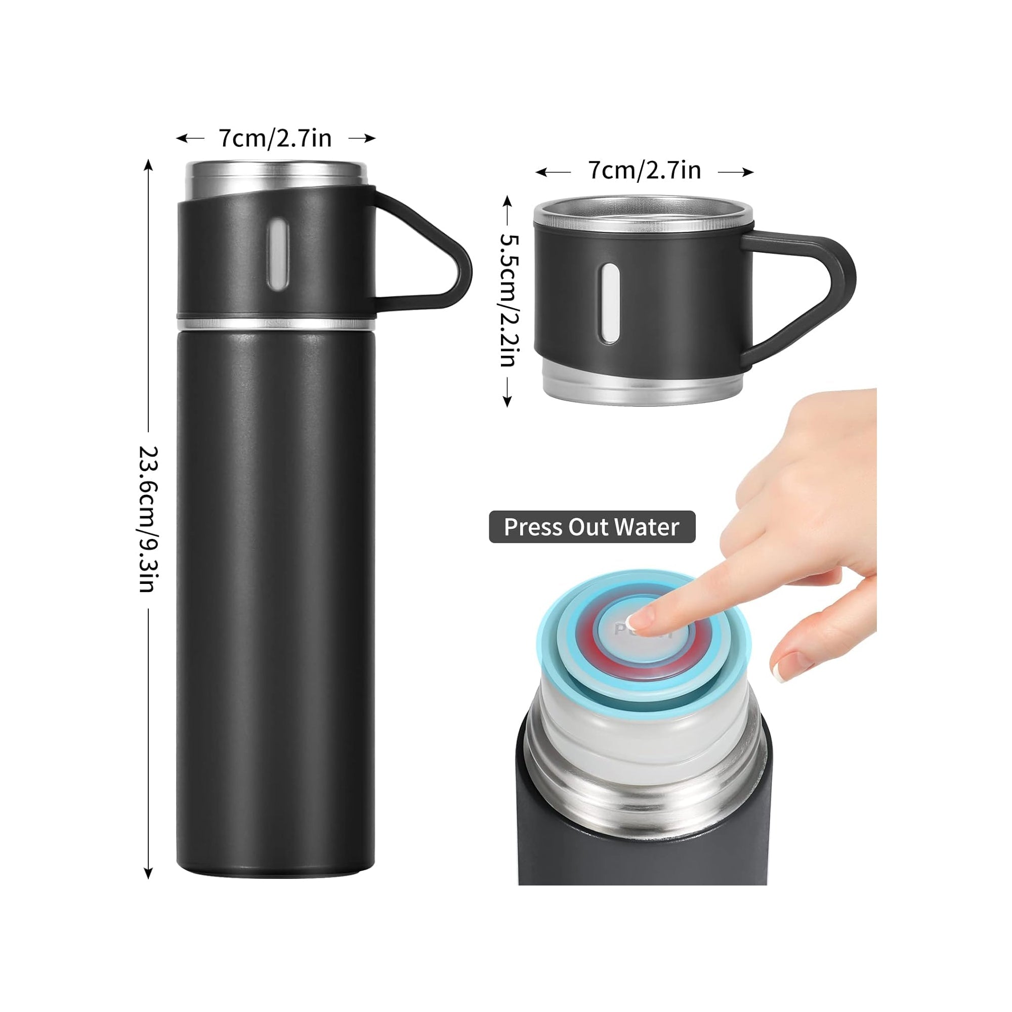 500ml Stainless Steel Flask with 3 Cups Black