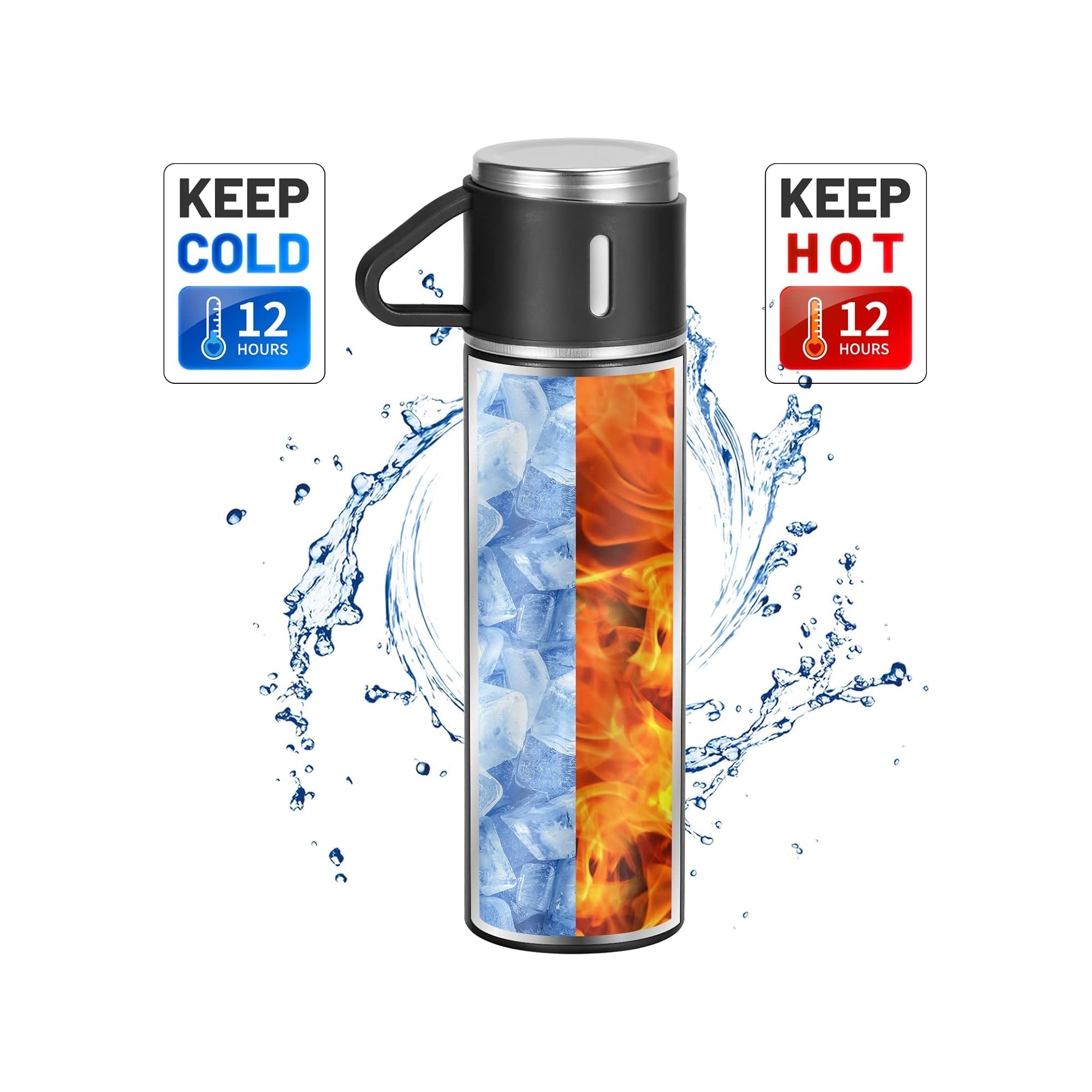 500ml Stainless Steel Flask with 3 Cups Black