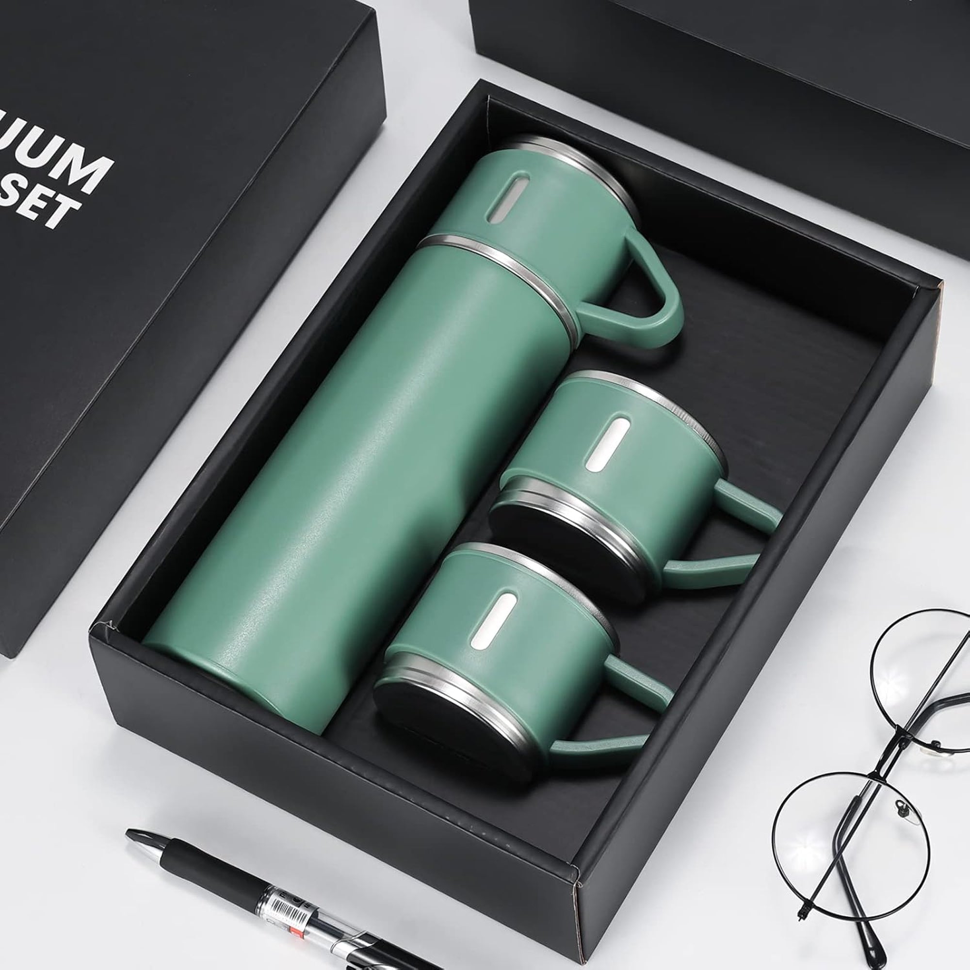 500ml Stainless Steel Flask with 3 Cups Green