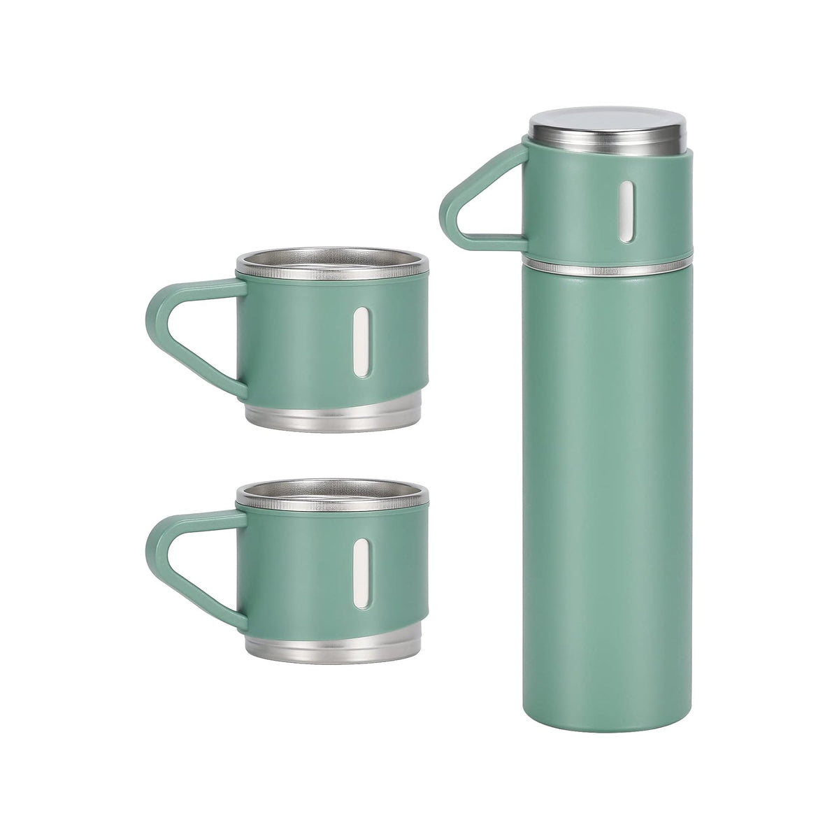 500ml Stainless Steel Flask with 3 Cups Green