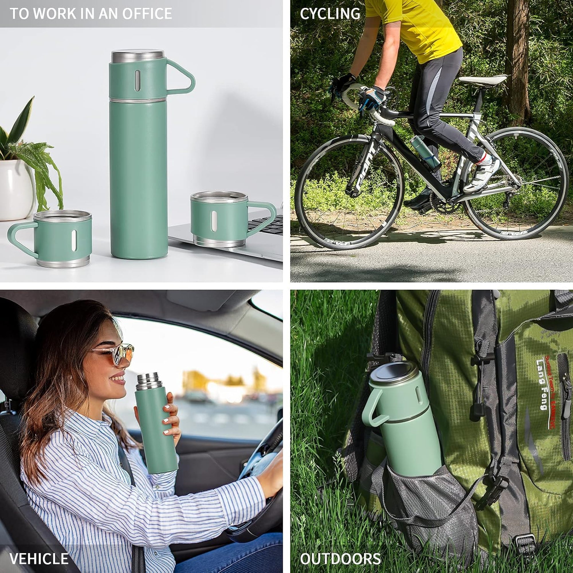 500ml Stainless Steel Flask with 3 Cups Green
