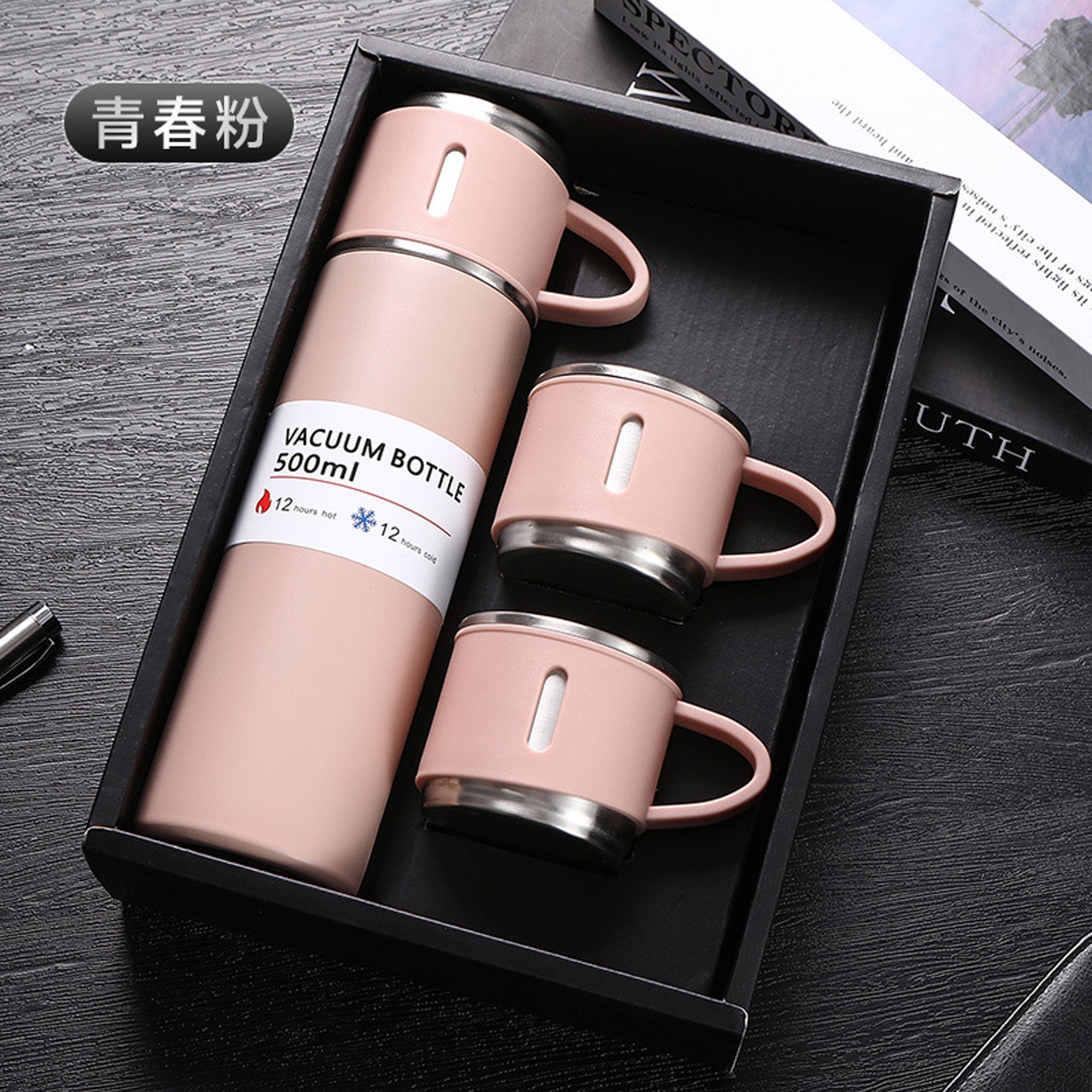 500ml Stainless Steel Flask with 3 Cups Pink