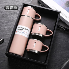 500ml Stainless Steel Flask with 3 Cups Pink