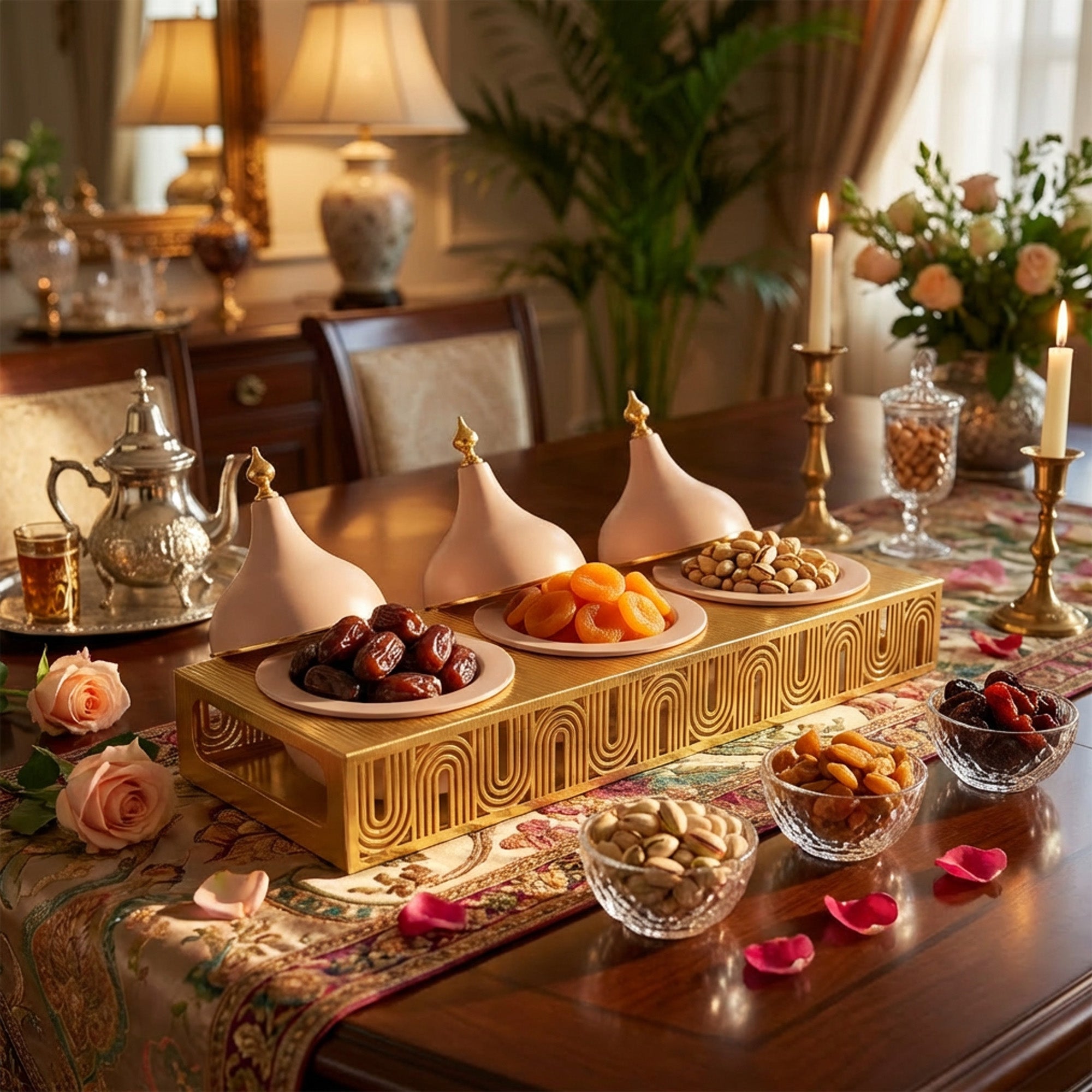 3 Compartment Snack Server with Domes Cream & Gold