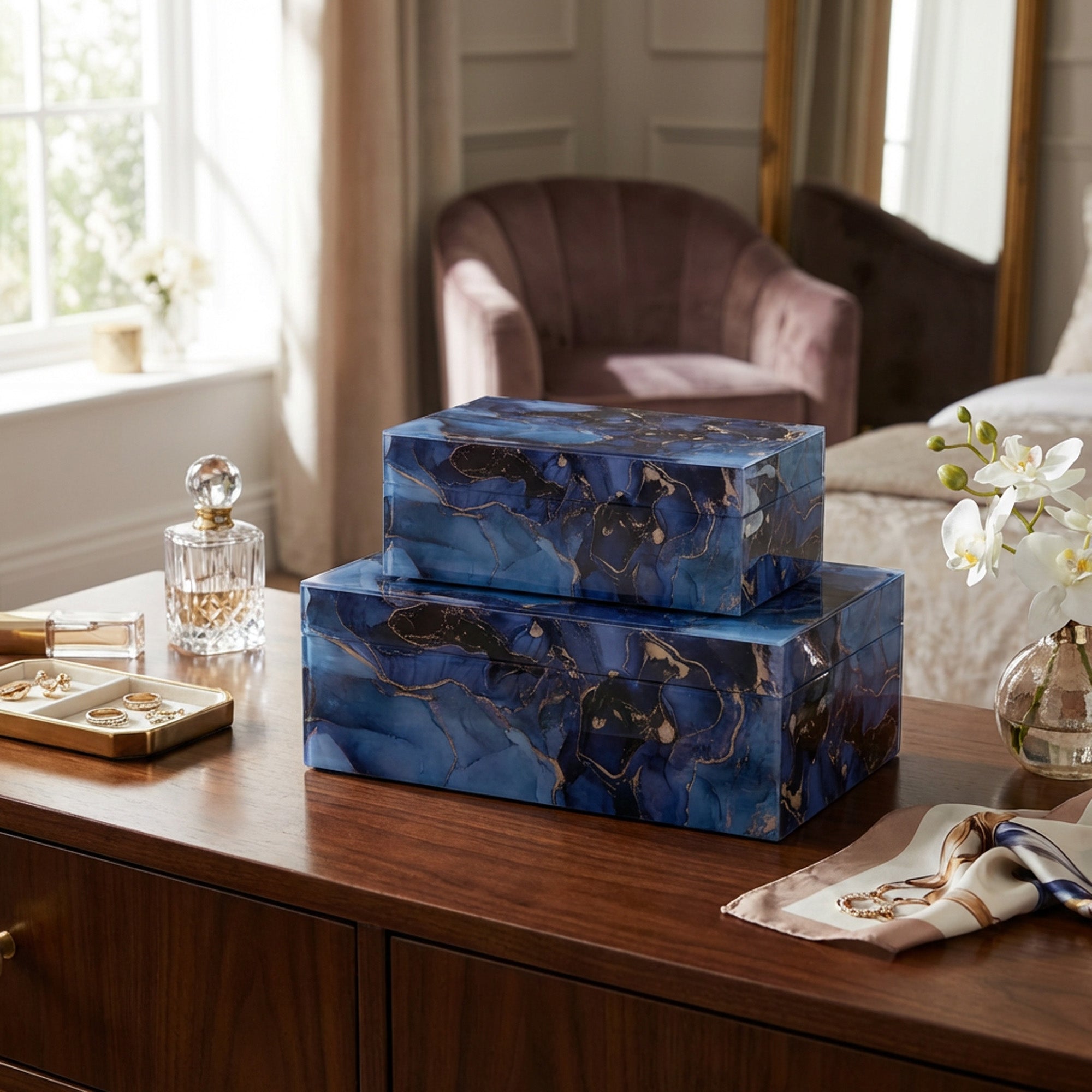 2 Piece Marble Jewellery Box Set Blue