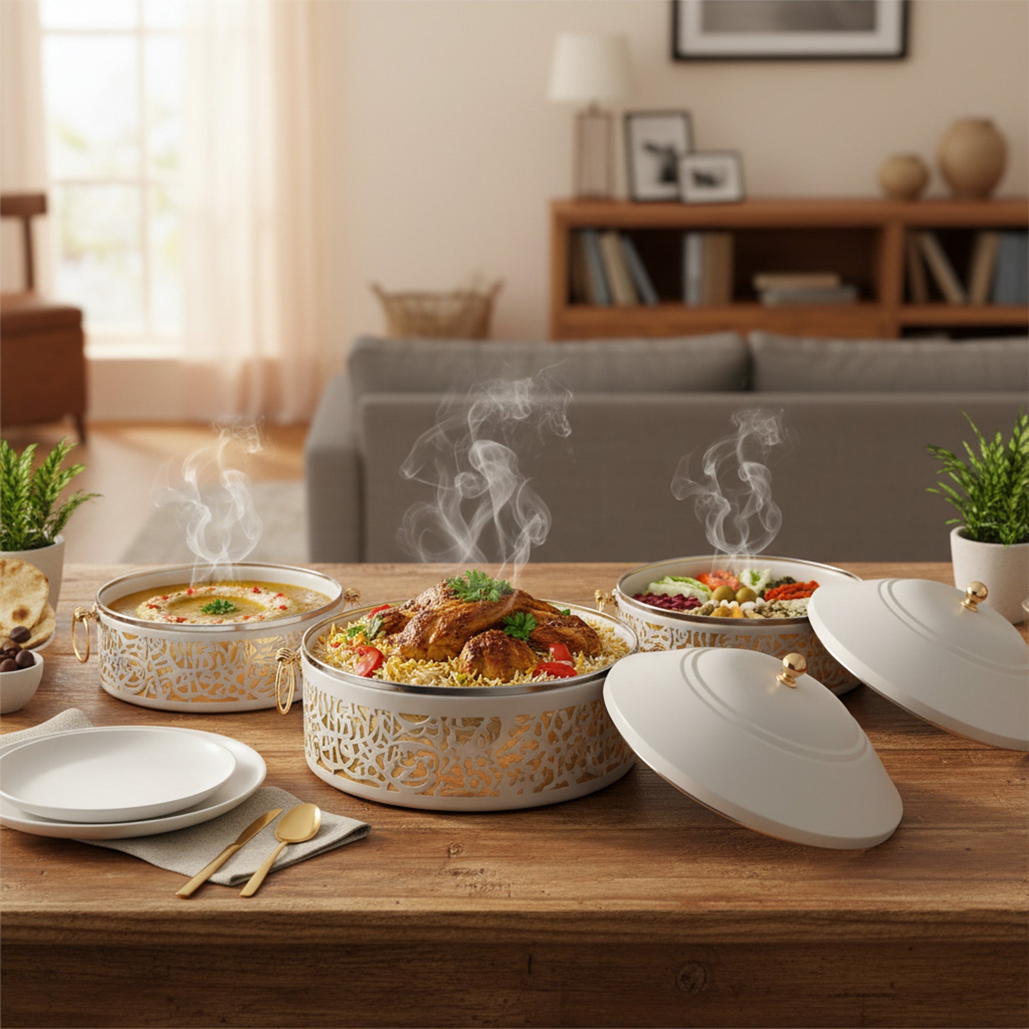 3 Piece Food Warmer Set Gold & White
