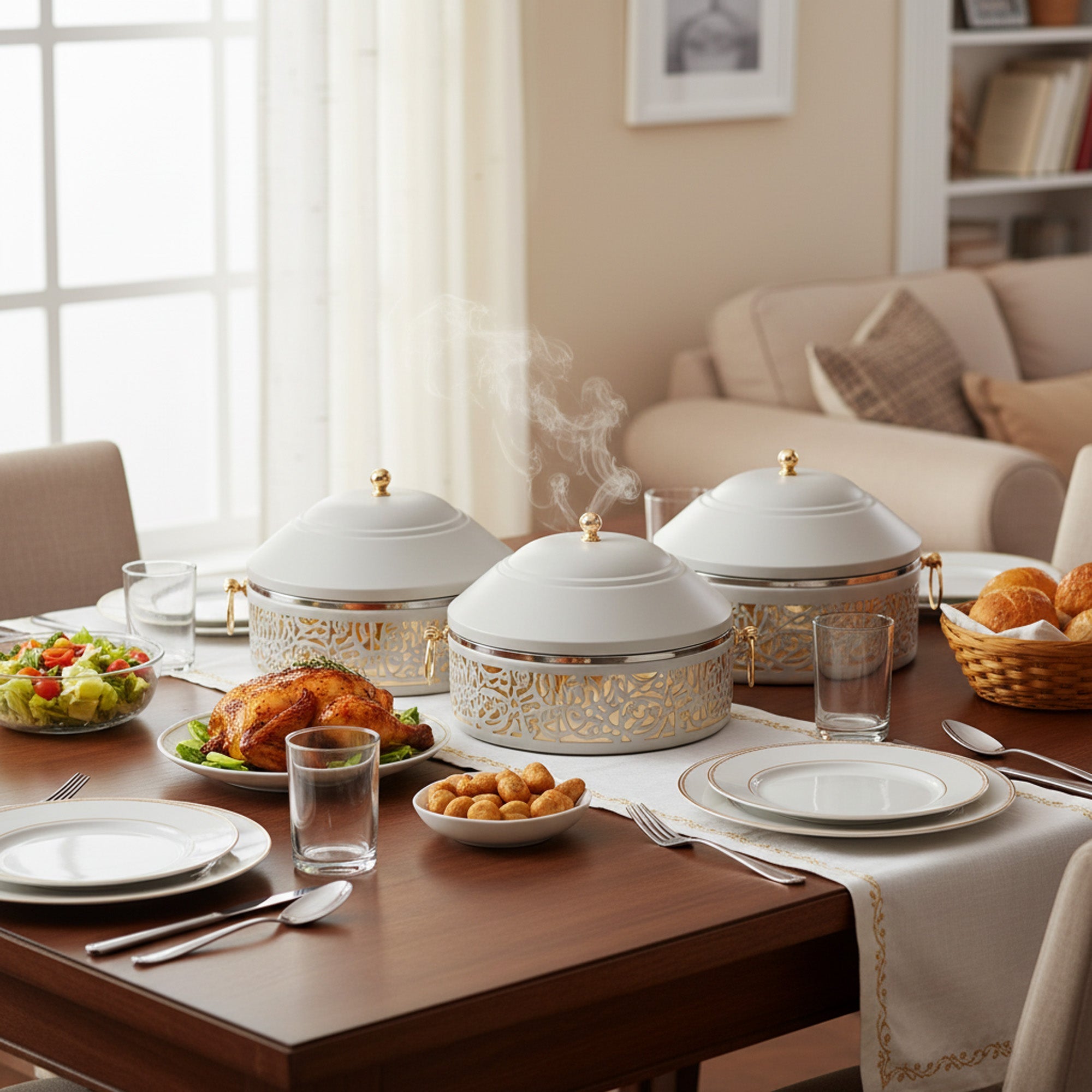 3 Piece Food Warmer Set Gold & White