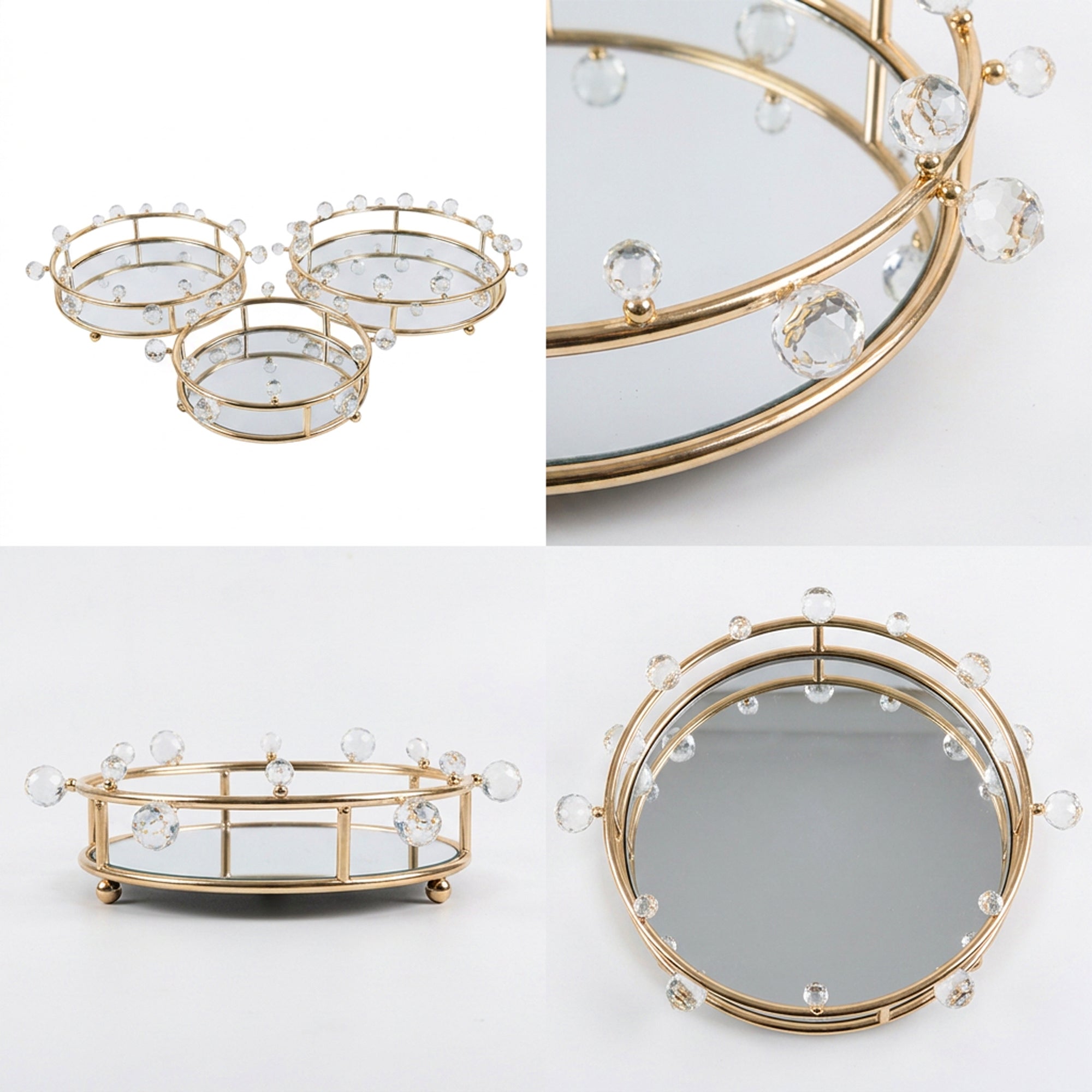 3 Piece Mirror Tray Set Gold