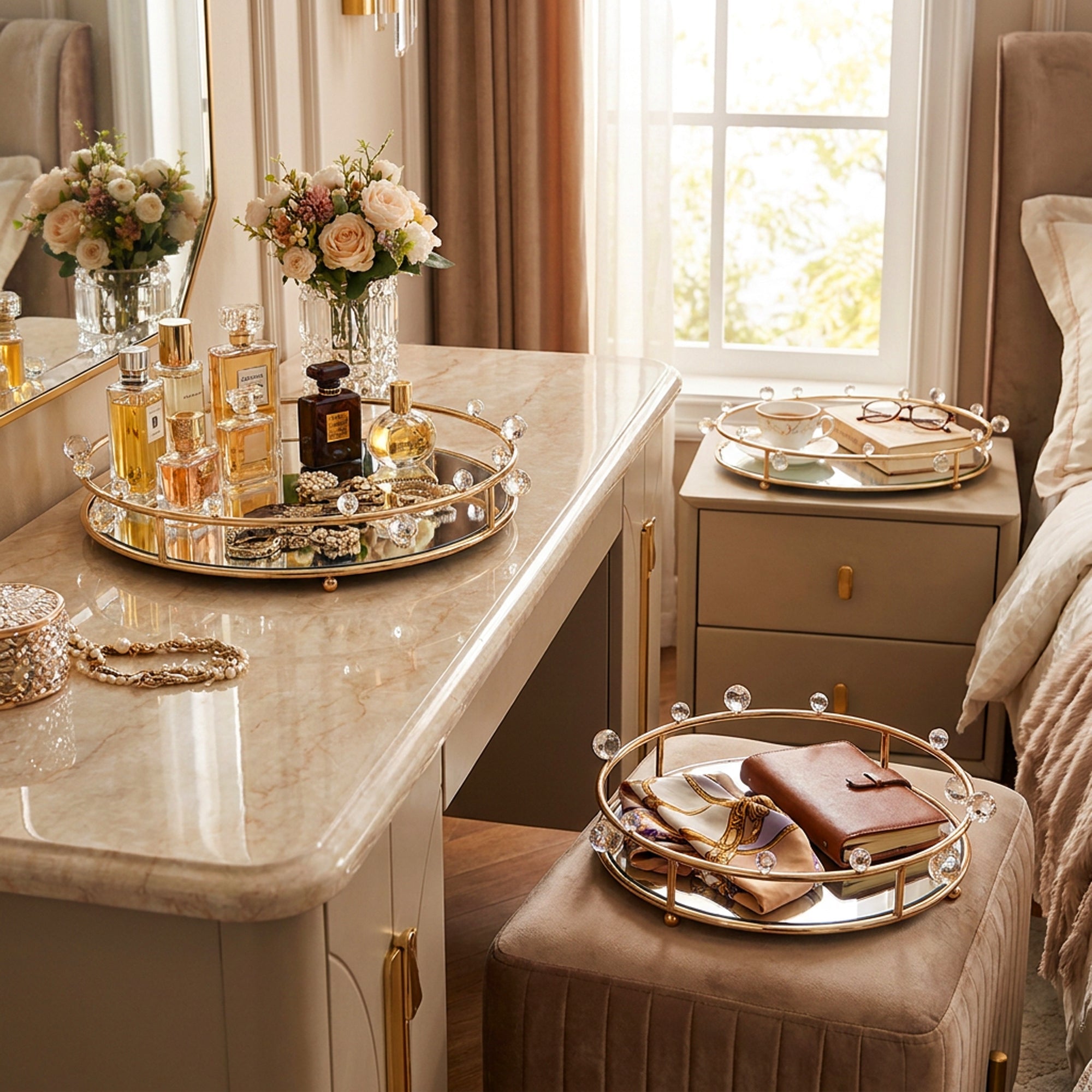 3 Piece Mirror Tray Set Gold