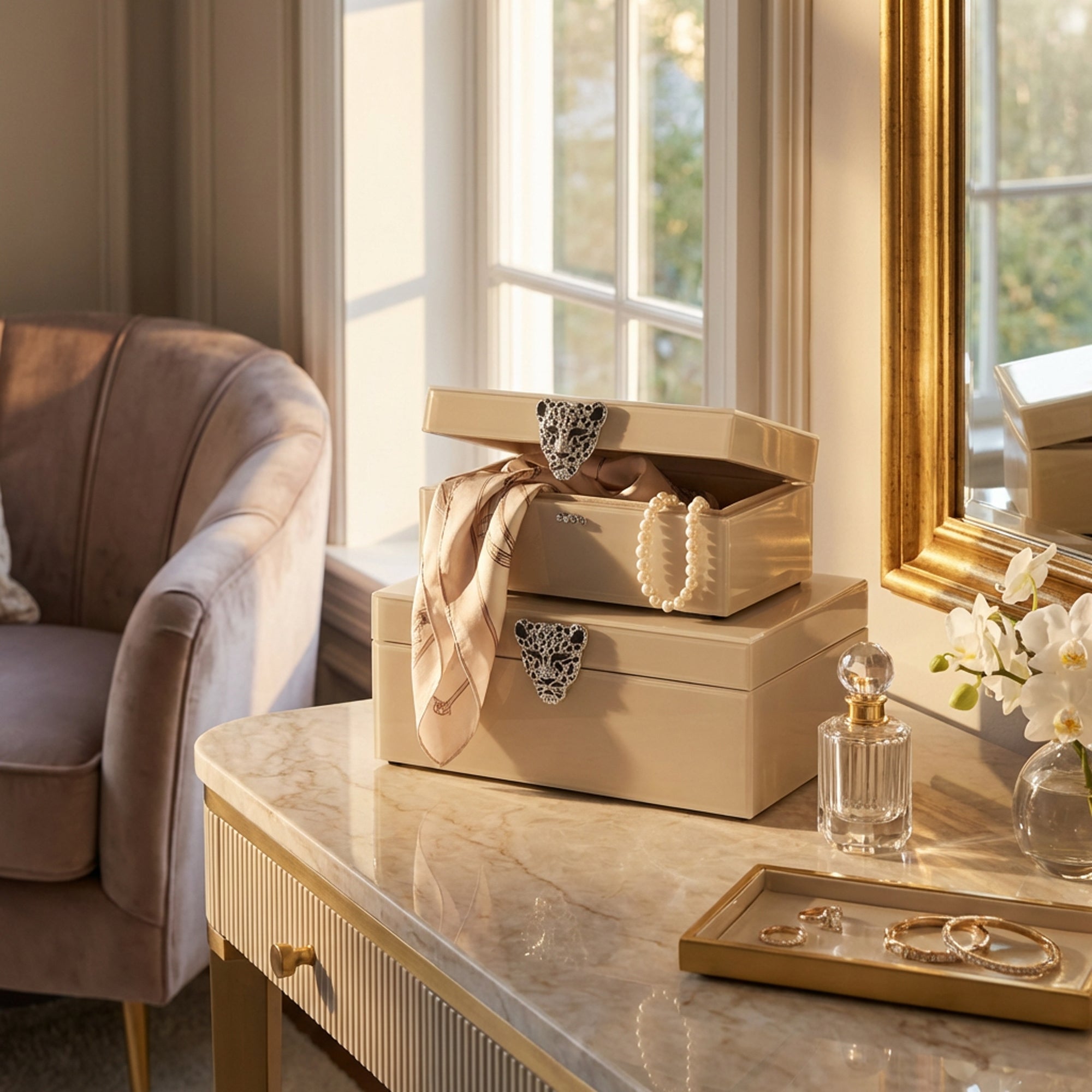 2 Piece Leopard Jewellery Box Set Cream