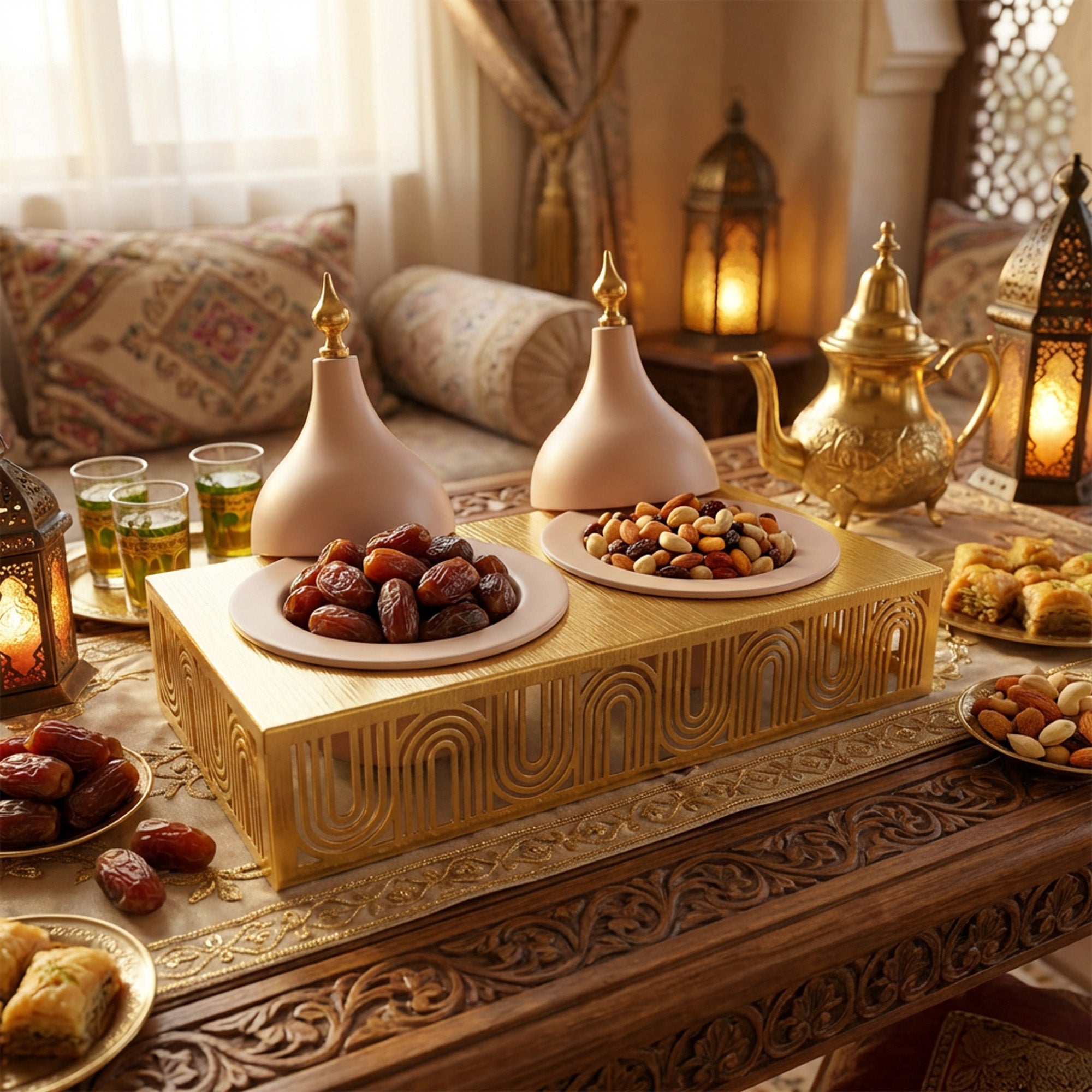 2 Compartment Snack Server with Domes Cream & Gold
