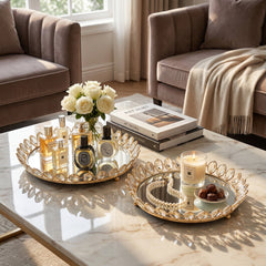 2 Piece Mirror Tray Set Gold