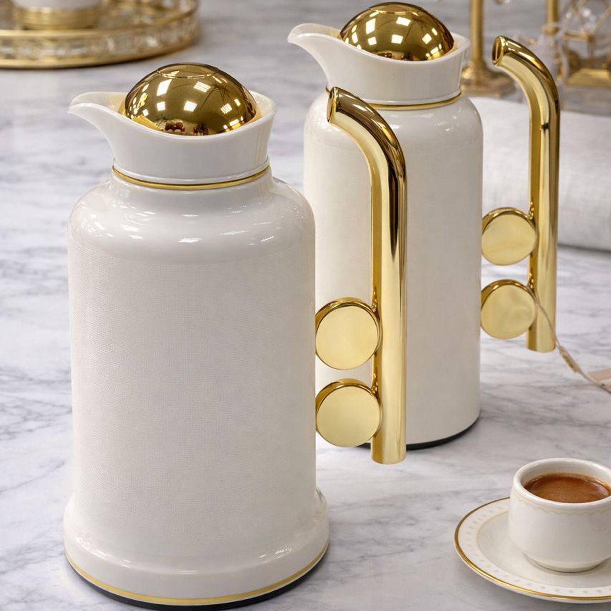 2 Piece Coffee & Tea Thermos Set Cream & Gold