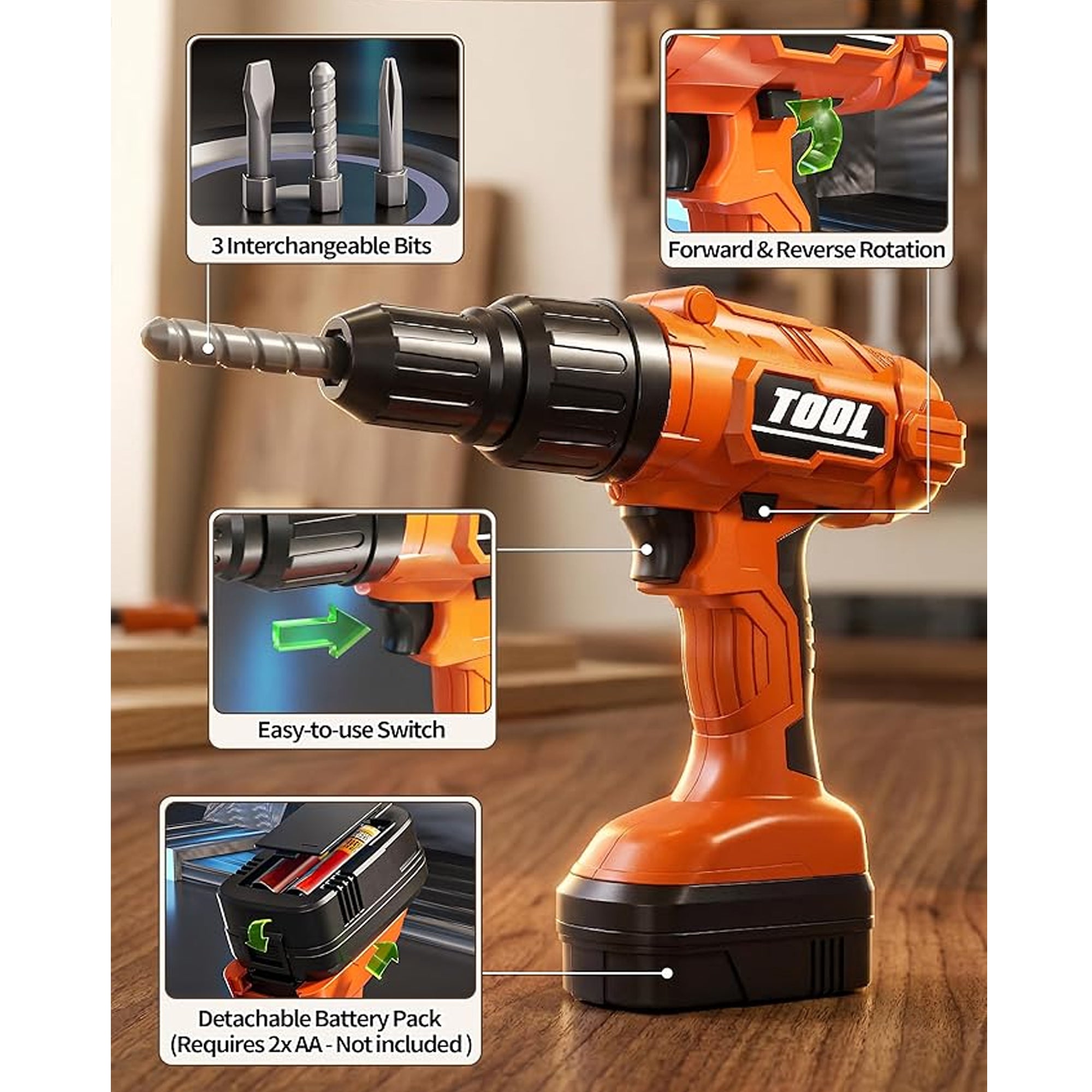 2-in-1 Simulation Electric Drill & Saw Toy Orange