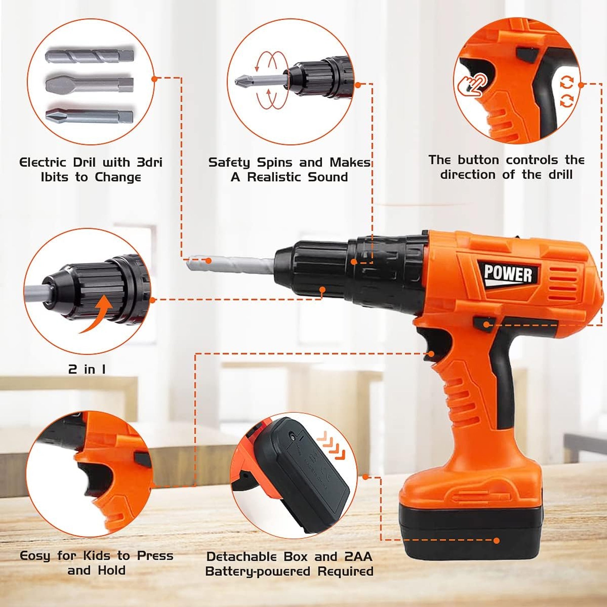 2-in-1 Simulation Electric Drill & Saw Toy Orange