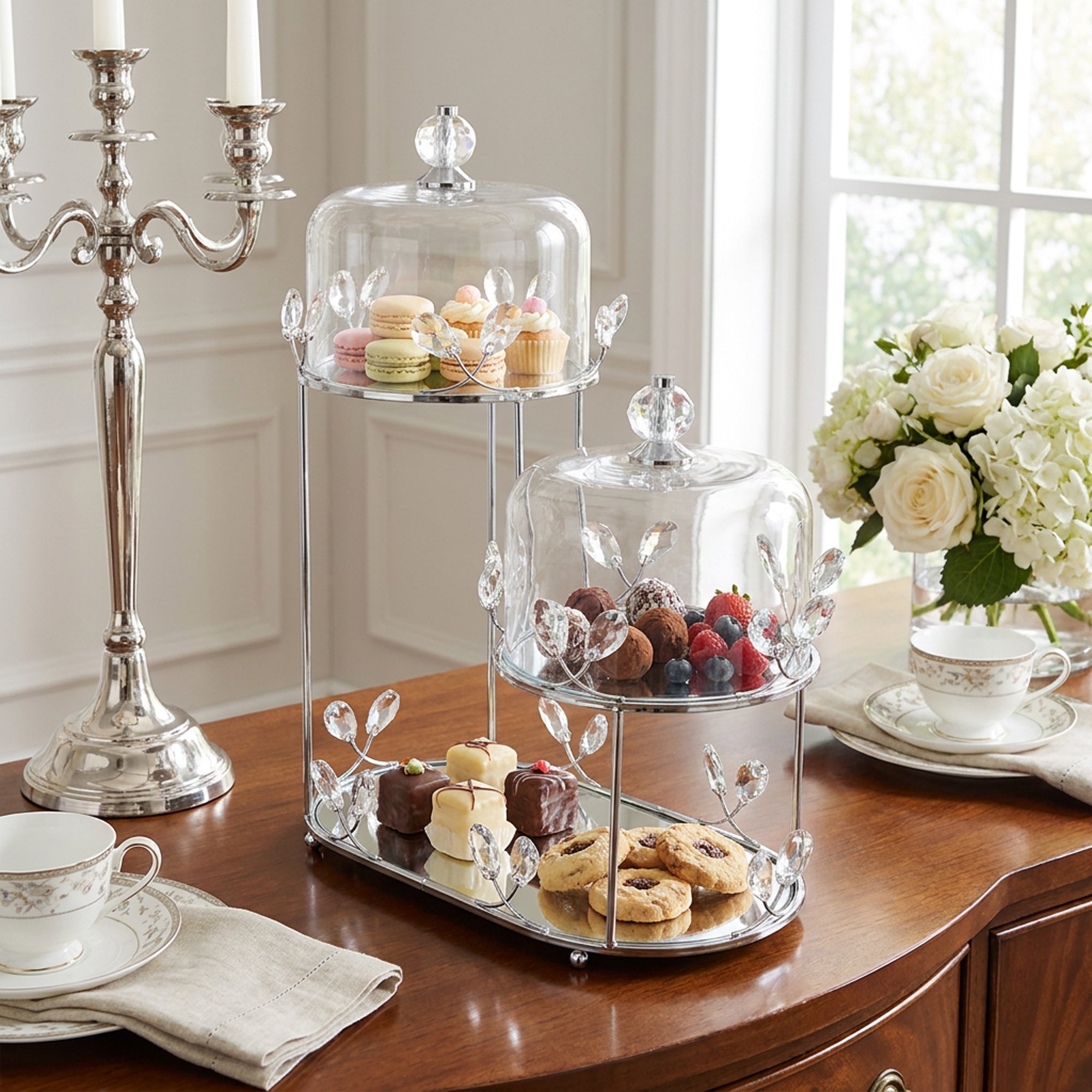 2 Tier Dessert Server with Domes Silver