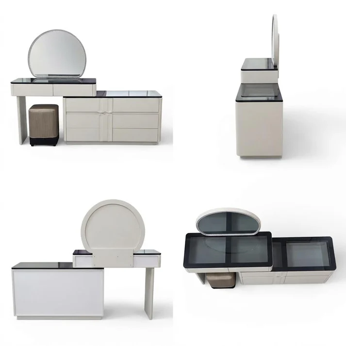 Adjustable LED Dresser with Round Mirror Cream