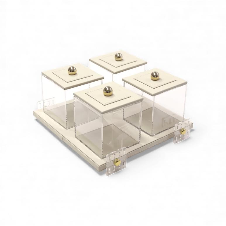 4 Piece Leather Canister Set Cream