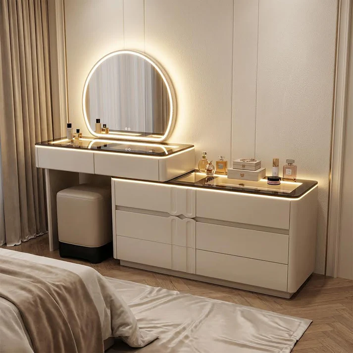 Adjustable LED Dresser with Round Mirror Cream