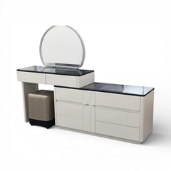 Adjustable LED Dresser with Round Mirror Cream