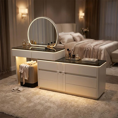 Adjustable LED Dresser with Round Mirror Cream