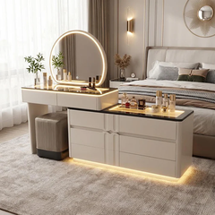 Adjustable LED Dresser with Round Mirror Cream