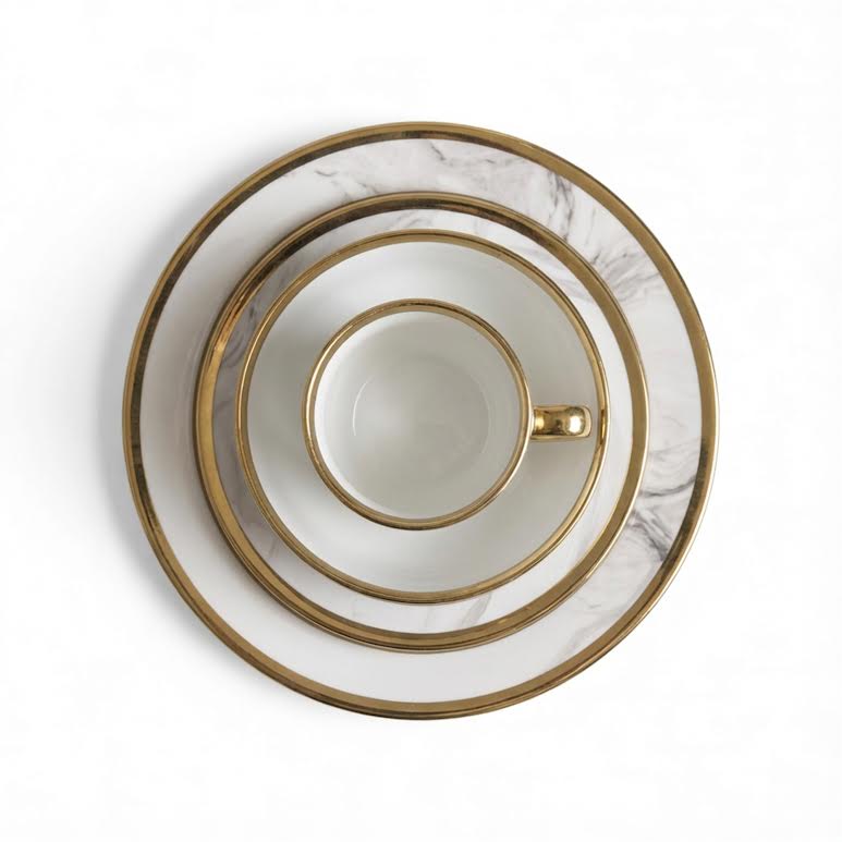 16 Piece Dinner Set with Trimming Gold & White